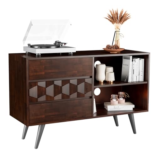 Image of Bme Georgina 45 Inch Solid Wood TV Stand, Under 10 Minutes Assembly Entertainment Center with Storage, Geometric Pattern TV Console for Living Room, Bedroom, Dinning Room - Walnut