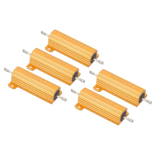 Image of PATIKIL 50W 2 Ohm Aluminum Shell Resistor, 5 Pack Aluminum Housing Resistor Housed Case Wirewound Resistors Screw Tap Power Resistor 5% Tolerance, Golden