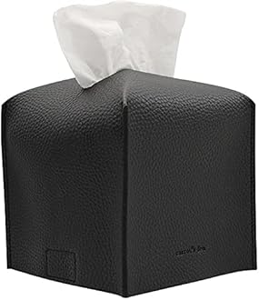 Tissue Box Cover Holder, Square with Bottom Belt by Carrot's Den - PU Leather Decorative Organizer for Tabletop, Bathroom, Car, Office | Black