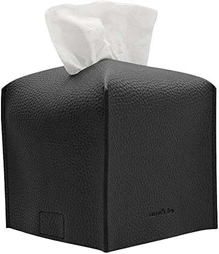 Carrot's Den Tissue Box Cover Holder with Bottom/PU Leather Decorative Organizer for Bathroom, Car, Office/Modern Home Decor (Black, Square)