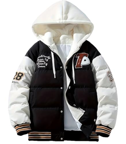 FTIMILD Mens Hooded Puffer Jacket Fake Two Piece Down Jaket Color Block Insulated Winter Coat