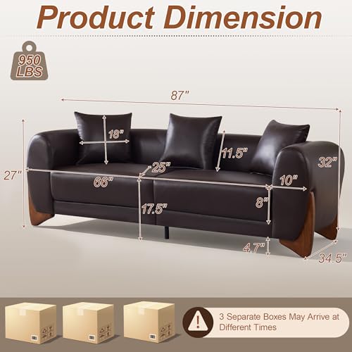 Image of 87 inch Faux Leather Cloud Couch Modern 3 Seater Sofa with Solid Wood Legs, 25 inch Extra Deep Seat, Comfy Thick Cushion Upholstered Sofa Couches with 3 Pillows for Living Room, Brown