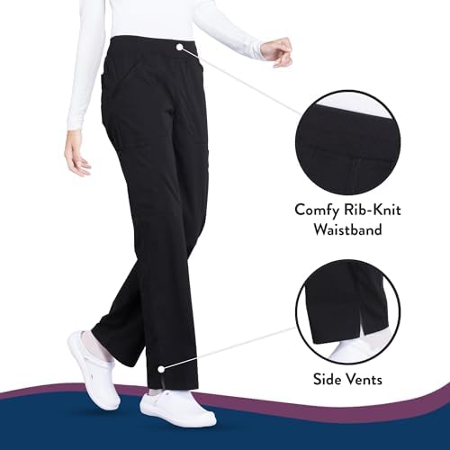Cherokee Women's Scrub Pants Mid Rise Straight Leg Pull-on Cargo Pant with 6 Pockets & 2-Way Stretch Fabric - WW170, S, Black - 4