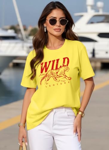Image of LEOTUDE Womens Oversized Round Neck Cottonblend Half Sleeve T-Shirts (Colour: Multicolor)