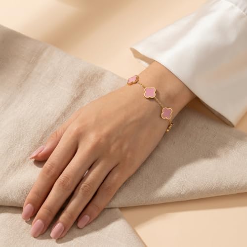 CCYTKS 18K Gold Plated Clover Lucky Bracelet for Women Pink Mother-of-Pearl Flower Four Leaf Link Bracelet Trendy Jewelry Gifts for Women by CCYTKS - Used condition - Image 5