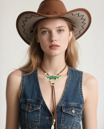 Image of PEARLY JUN Bolo Tie for Men Women Rhinestone Bling Western Cowboy Brown Leather Country Style String Wear Shirt Vest