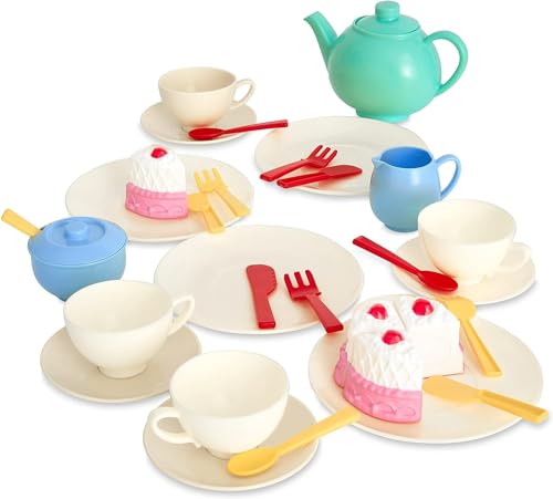 Casdon 33-Piece Tea Set. Colourful Toy Playset with Teapot Milk Jug Cups and Saucers Cake and More. Suitable for Preschool Toys. Playset for Children Aged 3+ New Colourway