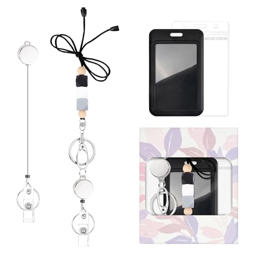 Image of Colorful ID Badge Holder with Silicone Beads Lanyard Set,Cute Teacher Breakaway Lanyard for Keys & Keychain with Cute Retractable Badge Reel Holder,Gift for Women,Nurse, Teacher. (Black White Grey)