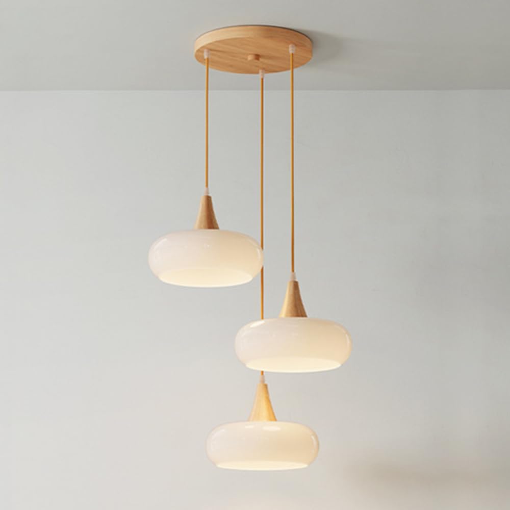 LYMSXAZOU 3-Light Cluster Pendant Lamp Drum Glass Hanging Light Wood Accent Chandelier Nordic Wooden Lighting for Kitchen Island Dining Room