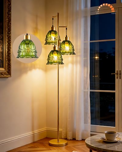 Image of Lightdot 3-Lights Green Glass Floor Lamp Dimmable Gold Floor Lamp with Glass Shade 3000K Bulbs Included Unique Modern Standing Tall Lamp with 5Lbs Heavy Base for Living Room /Bedroom /Sofa Beside