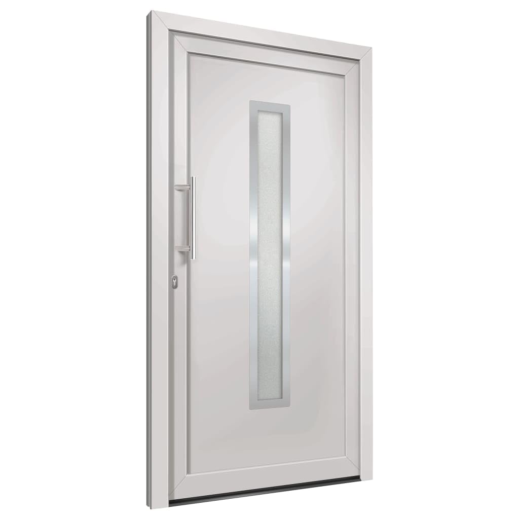 Drzwi wejściowe, białe, 98 x 200 cm, z progiem aluminiowym, zawiasy 3D, 5 blokad głowicy grzybkowej, szyba chroniąca przed ciepłem ISO, blokada wielokrotna, kompletny zestaw do montażu