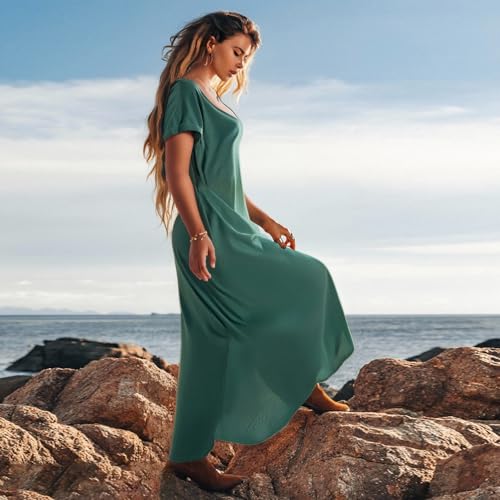 Image of Matchstick Women's Flowy Maxi Dress V-Neck Relaxed Loose Fit Short Sleeve Casual Sundress with Pockets Side Split Beach Dress