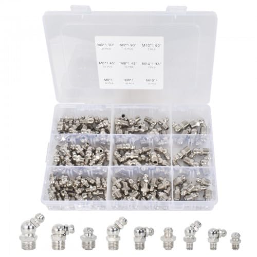 170個セットグリスニップル グリースフィッティング 油圧グリースニップルセット 金属グリースザークニップルあるグリースニップル継手 油圧グリースフィッティングアクセサリー油圧グリースニップルセットグリスニップル グリースフィッティング M6/M8/M10 ストレート 90および45度の角度のグリースニップル継手 高硬度 機械潤滑 注油 工具 自動車 オートバイ トラック 刈払機 用