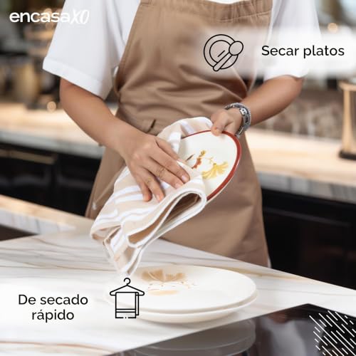 Miniatura 5 de Encasa Xo Paños De Cocina 28x18 In 70x45 Cm Juego De 4 Piezas Acabado Antibacteriano, Algodón Orgánico, Altamente Absorbente Para La Limpieza De Platos - Franca Franja De Beige