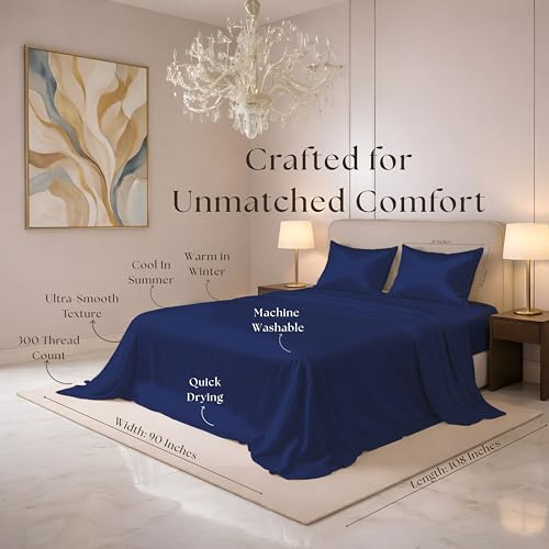 Image of Luxe Ere Satin Bedsheet King Size (90x108) | 300 TC Ultra Smooth Silky Soft Luxury Satin Bed Sheet with 2 Pillow Covers | Premium Satin Bedsheets for Double Bed - Imperial Indigo