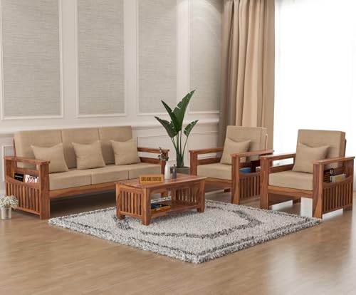 Image of Sheesham Wooden 5 Seater Sofa for Living Room | Rosewood 5 Seater Cushion Sofa Side Half Moon Rack | Solid Wood Sofa Set for Lounge (-3+1+1,Honey)