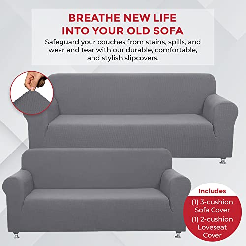 Sapphire Home 2-Piece Sofa and Loveseat Slipcovers, Couch and Loveseat Covers Set, Form fit Stretch, Wrinkle Free, Furniture Protector, Sofa Covers for Living Room, Polyester Spandex (Light Gray)
