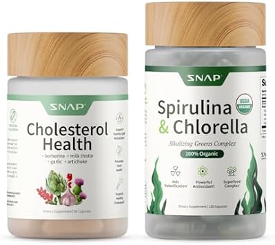 Snap Supplements Cholesterol Health + Organic Spirulina and Chlorella Bundle, 60 + 120 Vegetarian Capsules
