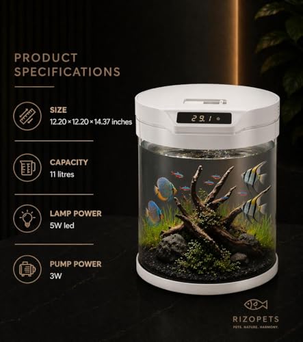 Image of rizopets Q-6 Cylindrical Smart Aquarium Fish Tank with Digital Temperature Display, lamp LED 5 WATT Filter Pump 3 watt Black, Round Shape(Size 31 cm x 31 cm x 36.5 cm.) Capacity 11 litres (White)