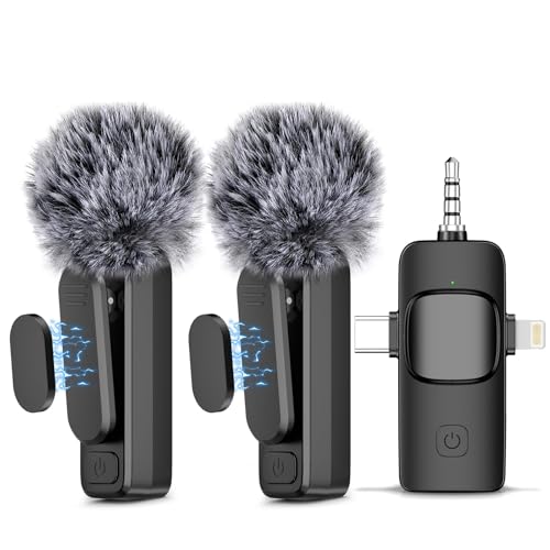 NICHOM 3 in 1 Wireless Lavalier Microphone for iPhone/iPad/Android/PC/Camera,Mini Mic with Noise Reduction, Mini Microphone for Video Vlog,Interviews,Live Streaming(Lightning/USB C/3.5mm Jack)