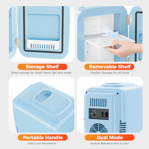Image of YASHE Mini Fridge, 4 Liter /6 Can Mini Makeup Fridge, 110V AC / 12V DC Portable Thermoelectric Cooler&Warmer for Skincare, Drink, Cosmetic, Medicine, Small fridge for Bedroom, Office, Dorm, Car, Blue