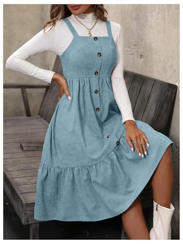 Image of WDIRARA Women's Button Front Sleeveless Ruffle Hem Pinafore Dress Corduroy Jumper Dress