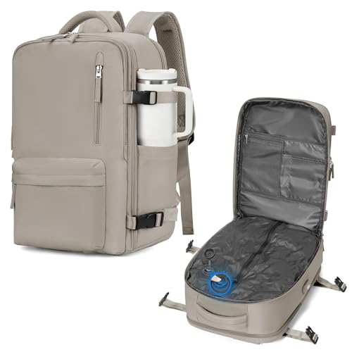 WONHOX Vacuum Seal Backpack for Travel with Air Pump 18x14x8 inches Vacpack Carry on Flight Approved Compression Daypack Laptop Space Saver Bag Storage with Vacuum System Travel Bags Women GreyBrown