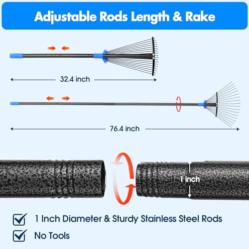 BsBsBest 61" Rake for Leaves with 18 Metal Tines 10-18" Expandable Head Rakes Adjustable Handle for Lawn Leaf Rake Yard Tools for Collecting Leaves, Grass Clippings, Garbage Blue - Thumbnail 4