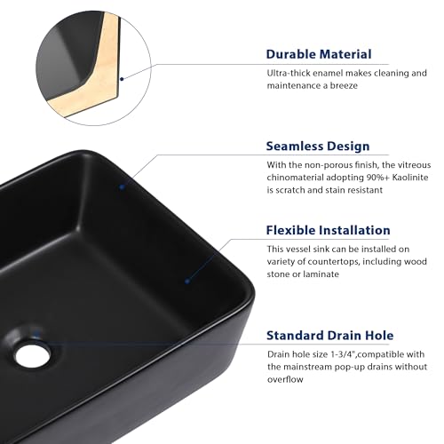 Sarlai Bathroom Vessel Sink - 19\"x15\" Modern Bathroom Sink Rectangular Above Counter Black Porcelain Ceramic Bathroom Vessel Vanity Sink Art Basin