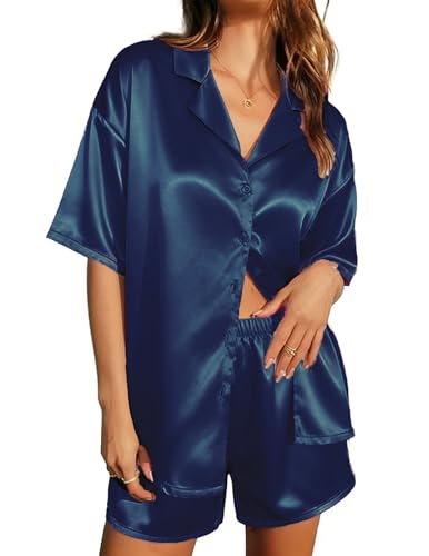 Image of Ekouaer Womens Silk Satin Pajamas Set Short Sleeve Sleepwear Button Down Top and Shorts Loungewear 2 Piece Pjs Set