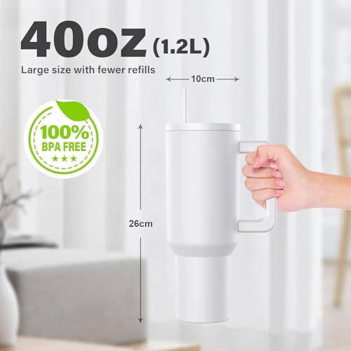 Image of NYRWANA 1200ML Stainless Steel Tumbler - Hot & Cold | Double Insulated Travel Mug with Handle, Leak-Proof Lid & 2 Straws | Dishwasher Safe | Fits Cupholders | Ideal for Gym, Travel & Office (White)
