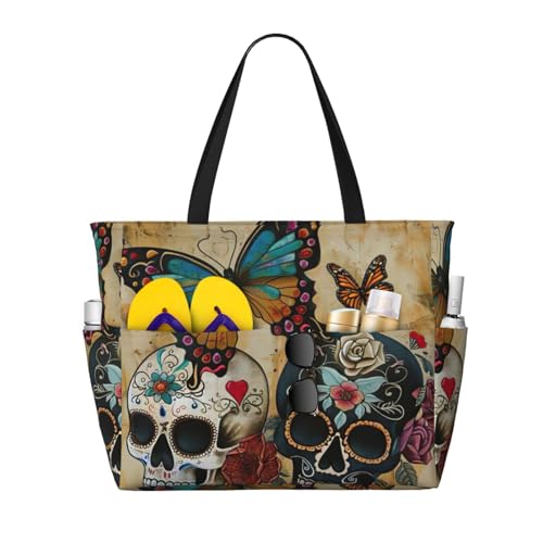 LIXLZH Sugar Skulls Butterfly Print Plegable Ligero Familia Bolsa de Playa para Hombres Mujeres Bolsa de Playa Bolsa de Gimnasio Portátil Negro, Talla Única, Negro, One Size, Negro , Talla única