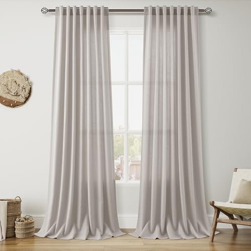Image of Stone Grey Linen Curtains 108 Inches Long for Living Room Simple Modern Light Filtering Semi Sheer Curtain Back Tab Rod Pocket Neutral Luxury Floor to Ceiling High Window for Bedroom 52x108, 2 Panels
