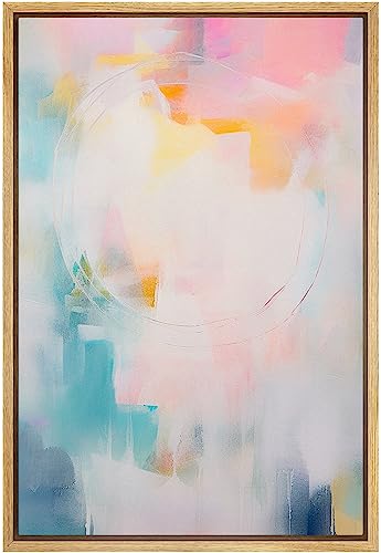 SIGNFORD Framed Canvas Print Wall Art Pastel Pink Teal Paint Stroke Abstract Geometric Illustration Minimalism Decorative Colorful Mid-Century for Living Room, Bedroom, Office - 16"x24" Natural