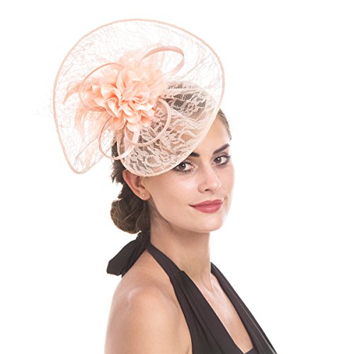 Fascinator Dentelle Classy et Élégant Chapeau De Mariage Fascinator Plume Maille Net Voile Chapeau Fleur Derby Chapeau avec Hairband pour les Femmes (A5-Fleshcolor) Cover