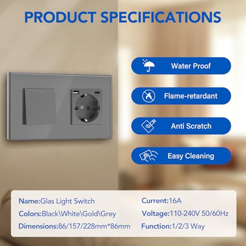 BSEED Lichtschalter mit Steckdose 1 Fach 1 Weg,Wandschalter mit 16A Schuko Steckdose mit USB Anschluss (Max. 2.1A) Typ C Port Grau,Physische Unterputz Wandschalter mit Steckdose- 157mm
