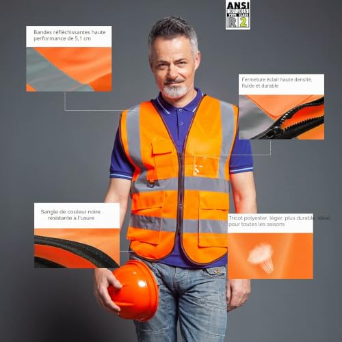 Gilet de sécurité réfléchissant haute visibilité avec poches zippées sur le devant - Conforme aux normes ANSI/ISEA – vue 2