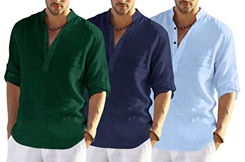 Image of Men's Cotton Blend Combo Short Kurta with Mandarin Collar Neck Full Sleeves Solid Pattern Curved Hemline Regular Fit and Standard Length (Pack of 3)
