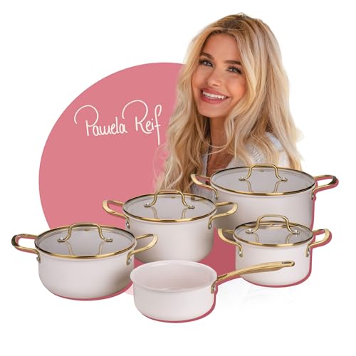 Fackelmann x Pamela Reif Kochtopf-Set 9-tlg. – Recyceltes Aluminium, Pastell Beige, inkl. Glasdeckel, PFAS-freie Keramikbeschichtung, Induktionsgeeignet