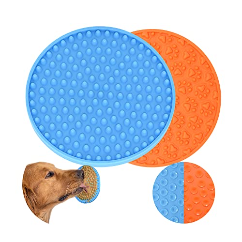 Dog Lick Mats 2PACK -Buddy Treat Mat,Dog Licky Pad, Perfect Curve Lick Pad – Dogs Bath Buddy- Grooming Helper-Super Suction- Just Add Peanut Butter (orange+blue)