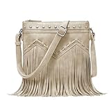 Sunwel Fashion Fringe Crossbody Bag with Rivets Western Purse Vegan Leather Tassel Shoulder Crossbody Bag for Women (beige)