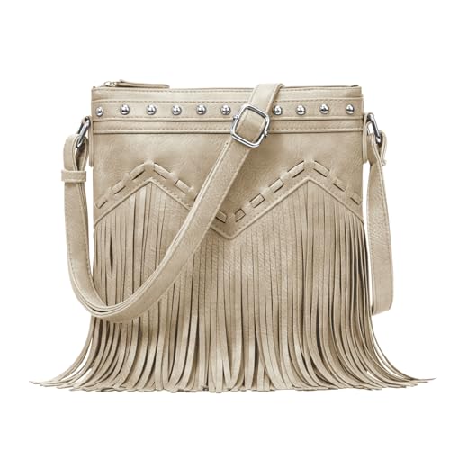 Sunwel Fashion Fringe Crossbody Bag with Rivets Western Purse Vegan Leather Tassel Shoulder Crossbody Bag for Women (beige)