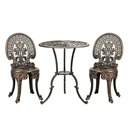 LI LIVSIP 3 Piece Patio Bistro Set - Outdoor Table and Chairs Set of 2 Cast Aluminum with Parasol Hole, Antique Furniture for Terrace Courtyard Garden, Crown Pattern Bronze