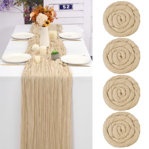 Teruntrue 4er-Pack Käsetuch-Tischläufer, Beige Tischläufer, halbdurchsichtige Gaze-Tischdecke, 13 Fuß, rustikale Dekorationen für Küche, Hochzeit, Urlaub, Partyzubehör (Beige, 400 cm)