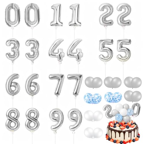 Gejoy 36 Pack 5 Inch Mini Number Balloon Foil Cake Topper Number Avoid Violent Hitting 0-9 Balloons Set with Inflation for Birthday Party Engagement Anniversary Baby Shower Decor(Silver)