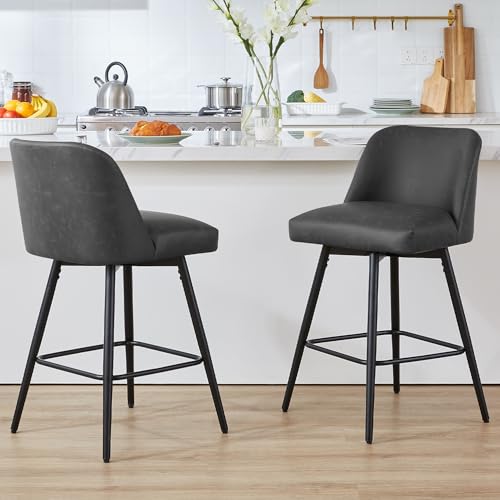 Coolazy 360°Swivel Counter Height Bar Stools Set of 2,Upholstered Morden Kitchen Barstools with High Backs,26" H Seat Height,Faux Leather (Faux Leather-Grey, 2 Pieces - 26" Counter Height)