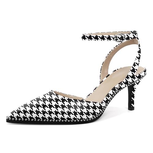 Image of SAMMITOP Kitten Heels for Women Low Heel Closed Toe Ankle Strap Pumps Wedding Party Beaded Dress Shoes 2.4 Inch