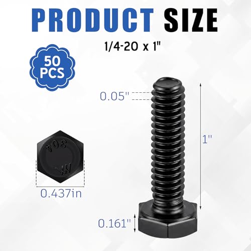 Image of Zonon 50 Pcs 1 /4-20 x 1 Hex Head Screw Bolt 18-8 (304) Stainless Steel Hexagon Bolts, Fully Threaded, Plain Finish, External Hex Drive (Black)