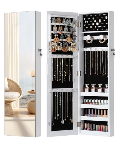 Nicetree Mirror Jewelry Cabinet, Jewelry Armoire with Full Length Mirror,Mirror with Jewelry Storage Wall/Door Mounted, Lockable Jewelry Armoire Organizer,White