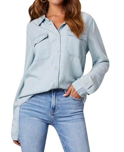 Image of MINTLIMIT Womens Denim Shirt Long Sleeve Button Down Shirt Casual Lightweight Jean Shirt Jacket Vintage Denim Blouses Tops with Pockets, Light Blue